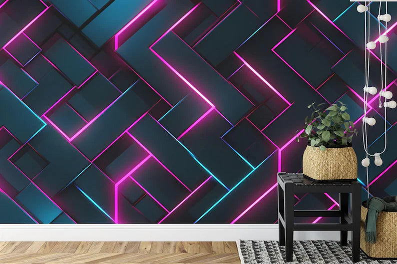 Neon Abstract Wallpaper Mural, Geometric Glowing Wall Decal