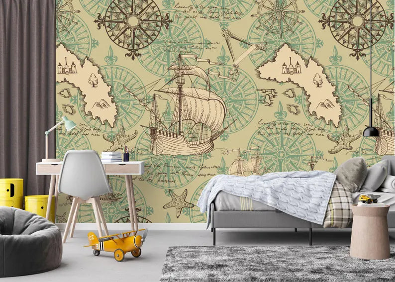 Nautical Map Wallpaper Mural,Wall Decal