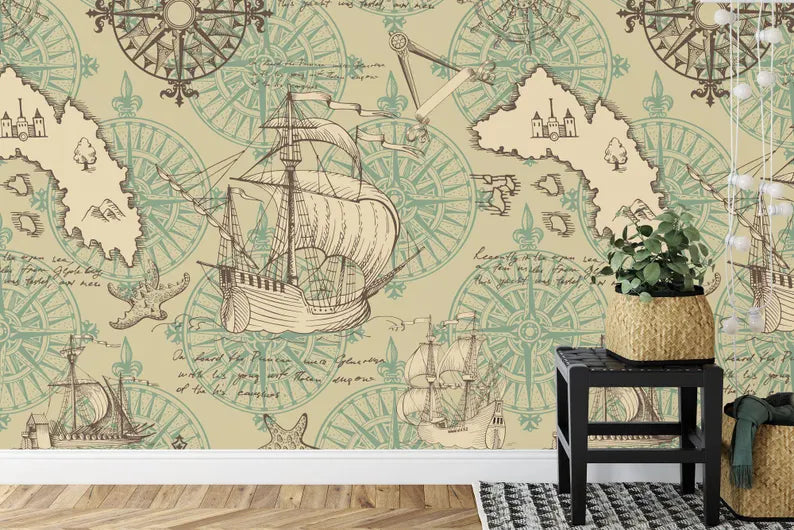 Nautical Map Wallpaper Mural,Wall Decal