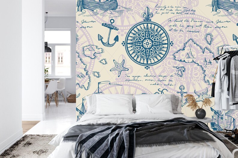 Nautical Map Mural, Vintage Captain's Log Wallpaper