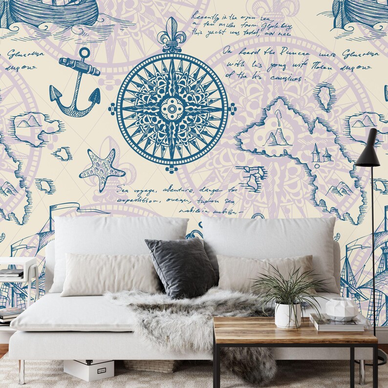 Nautical Map Mural, Vintage Captain's Log Wallpaper