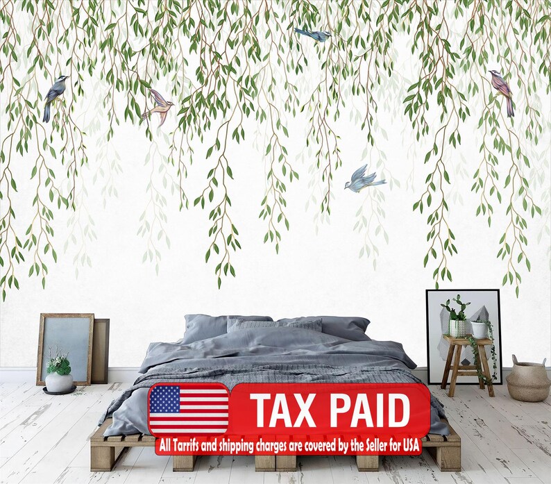 Tropical Leaves Birds Wallpaper Mural, White Background