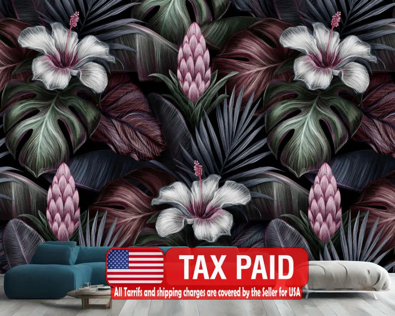 Tropical Banana Leaf Wallpaper Mural, Hand Drawn wallpaper mural showing the full design clearly for modern interior wall de