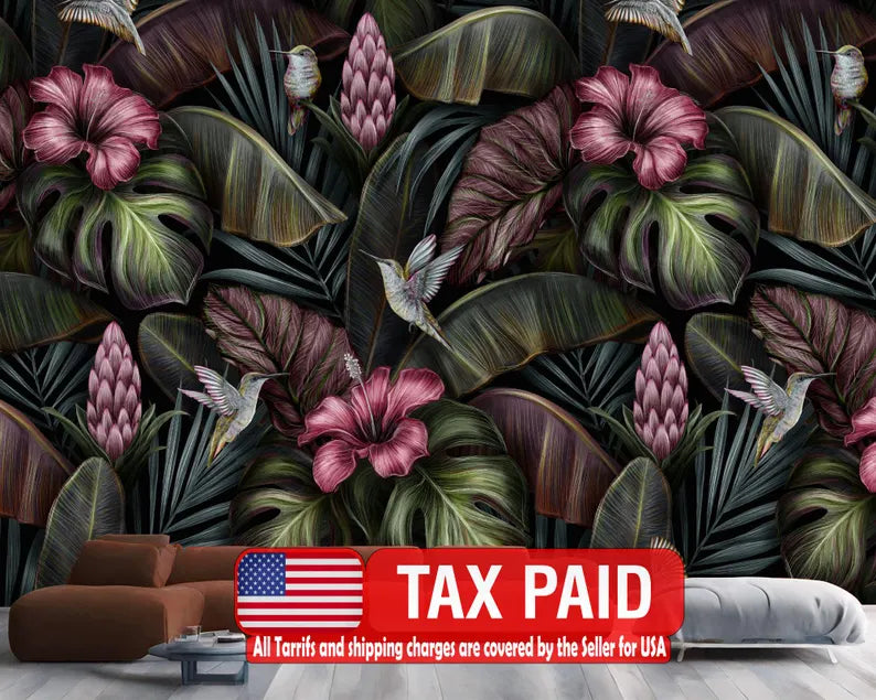 Tropical Banana Leaf Wallpaper Mural, Hand Drawn wallpaper mural showing the full design clearly for modern interior wall de