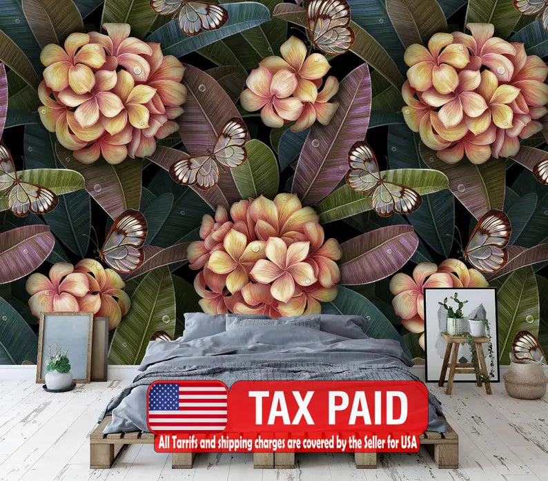 Tropical Plumeria Flower and Butterfly Mural, Vintage Art wallpaper mural showing the full design clearly for modern interio