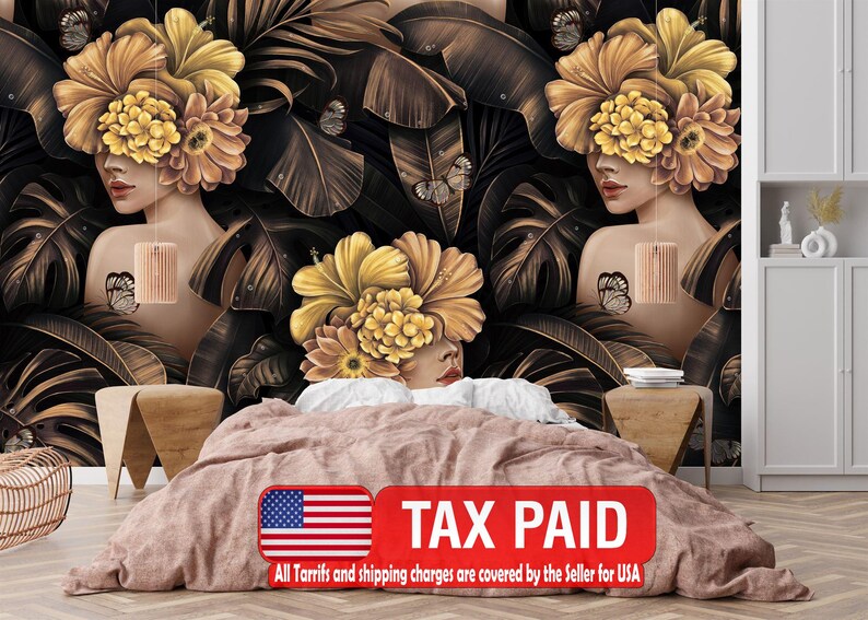 Tropical Flower Woman Wallpaper Mural, Banana Leaf wallpaper mural showing the full design clearly for modern interior wall 