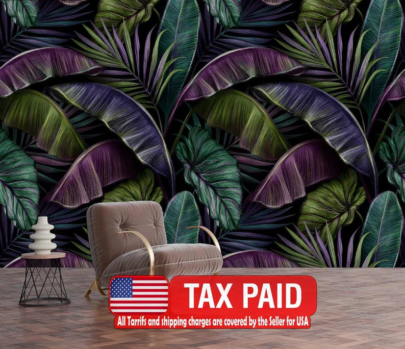Tropical Banana Leaf Wallpaper Mural, Dark Vintage Pattern