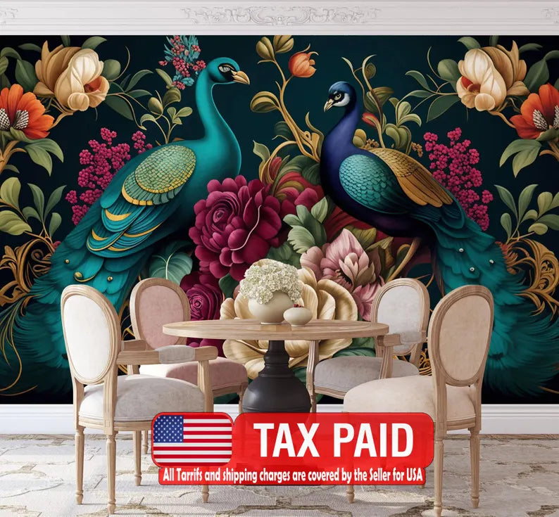 Peacock & Floral Wallpaper Mural, Abstract Art Print