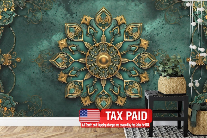 Green and Gold Mandala Wallpaper Mural Gift Art Print