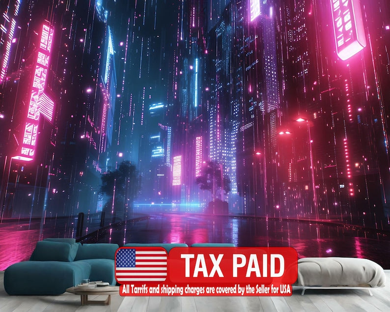 Cyberpunk City Wallpaper Mural, 3D Futuristic Sci-Fi