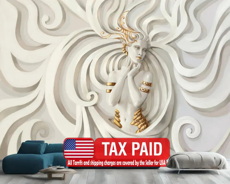 Wallpaper, 3D Medusa Sculpture Wall Decal, Easy Install Art wallpaper mural showing the full design clearly for modern inter