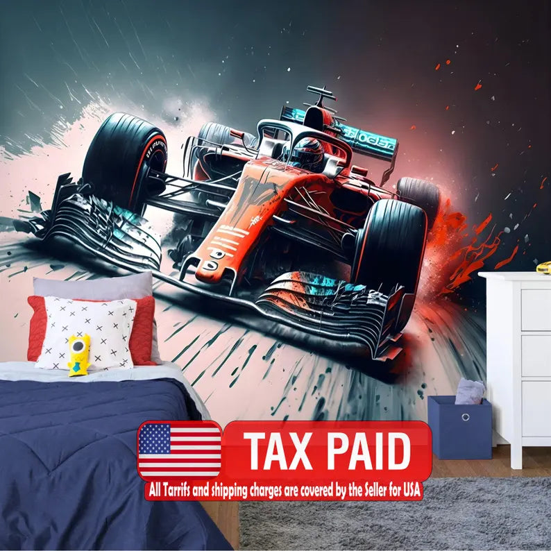 Formula 1 Racing Car Wallpaper Mural, Abstract AI Art