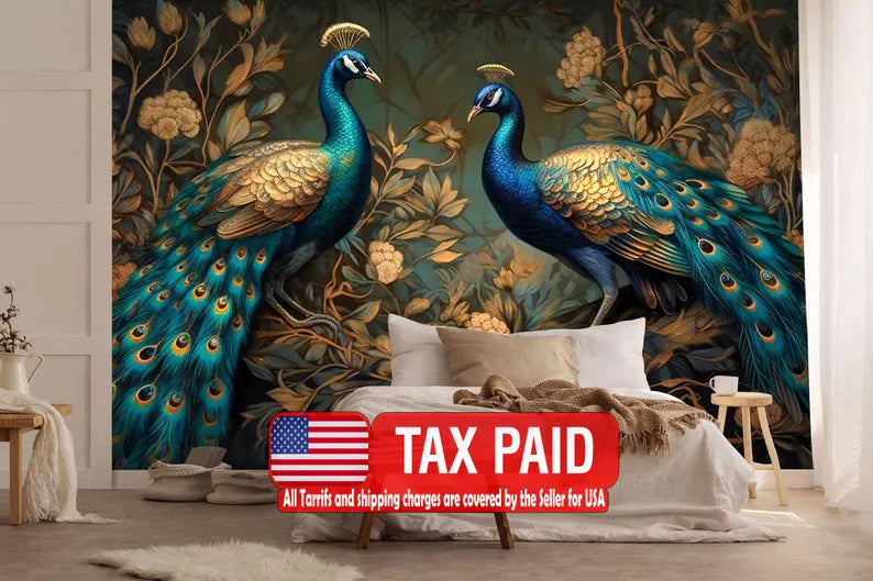 Peacock Wallpaper Mural, Abstract Gold Green Leaves