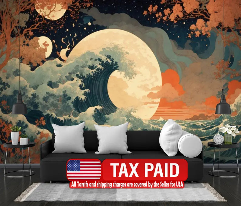 Abstract Wave Mural Wallpaper, Sun Crescent Art Print