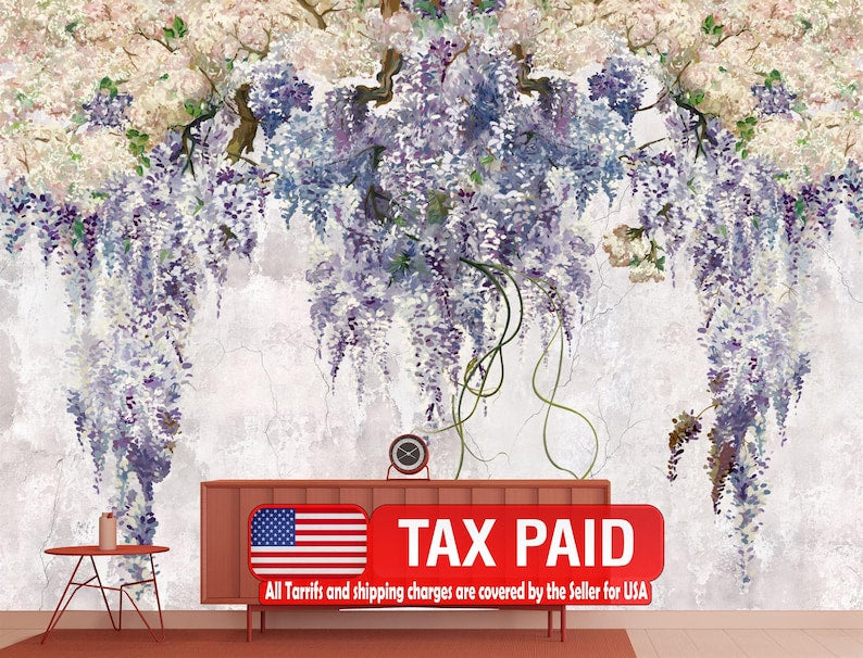 Lilac Floral Wallpaper Mural, Vintage Purple Flowers Gift