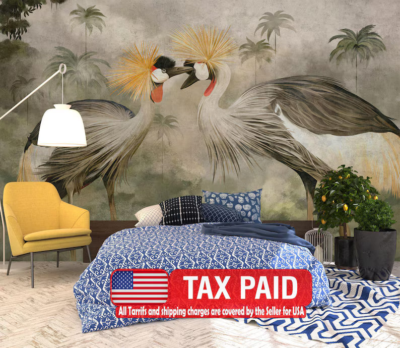 African Crowned Crane Wallpaper Mural, Tropical Forest Art Print