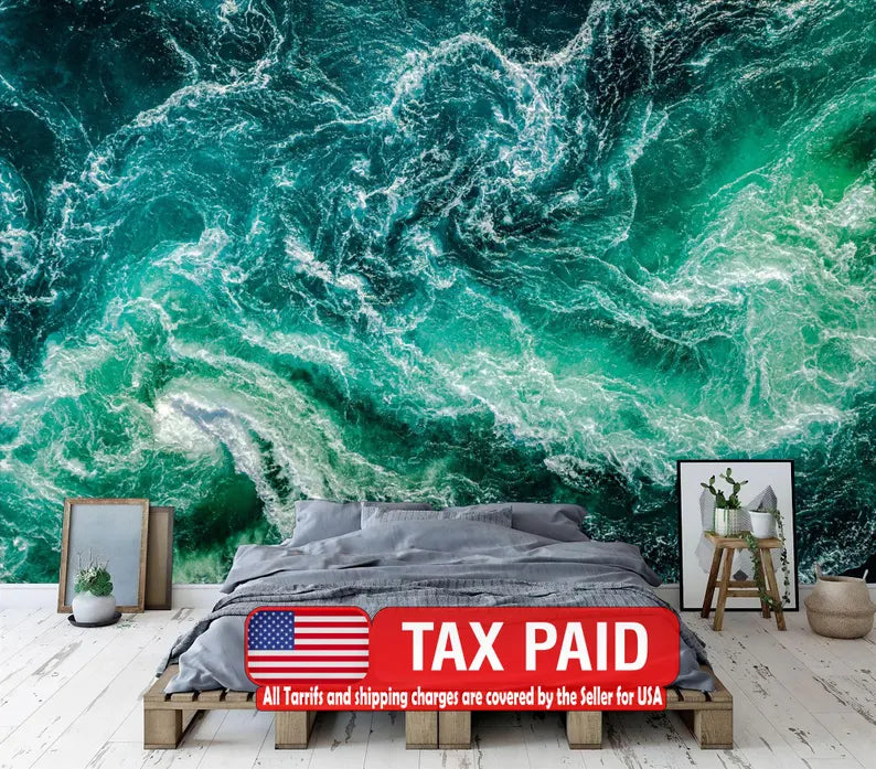 Emerald Green Ocean Waves Wallpaper Mural, Aerial View