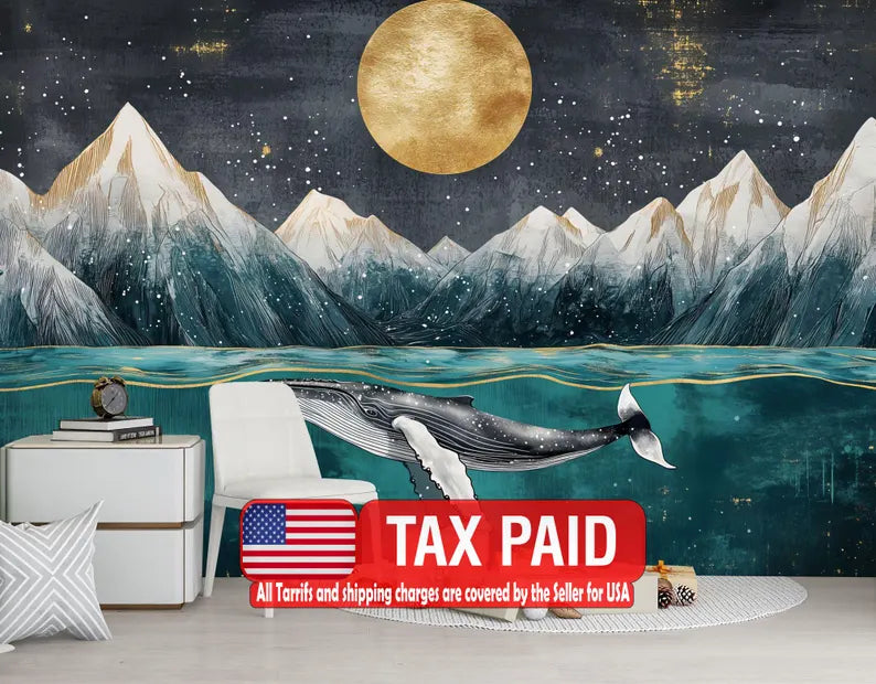 Art Deco Whale Mural, Ocean Mountains Nursery Wallpaper