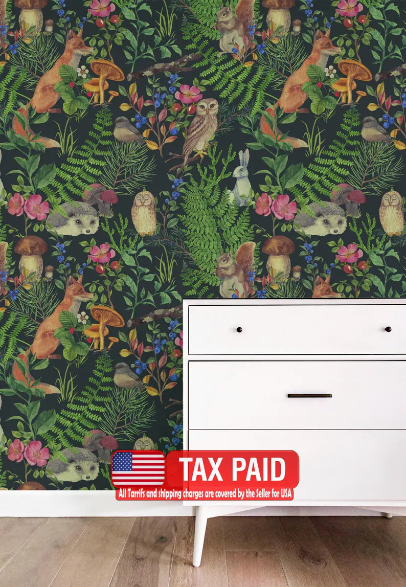 Floral Forest Wallpaper Mural, Art Deco Gift
