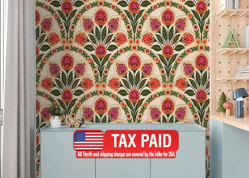 Art Deco Floral Wallpaper Mural, Art Nouveau