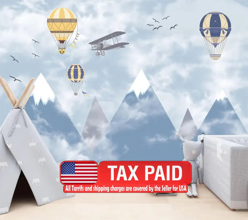Hot Air Balloons and Planes Nursery Kids Room Decor wallpaper mural showing the full design clearly for modern interior wall