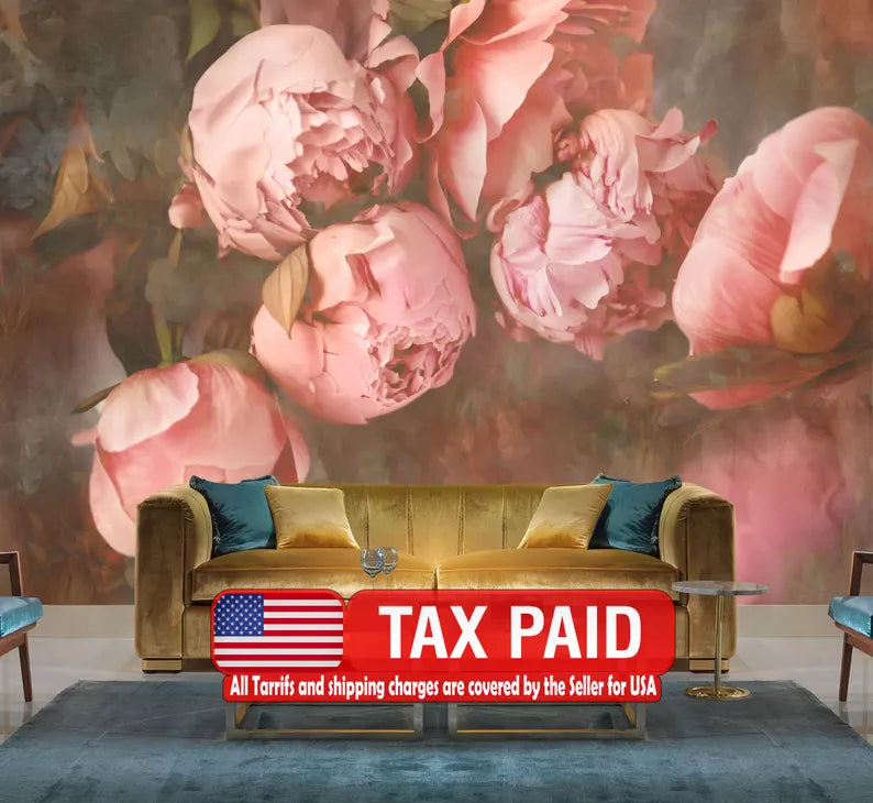 Baroque peony flower wallpaper mural with pink and cream blooms on dark background
