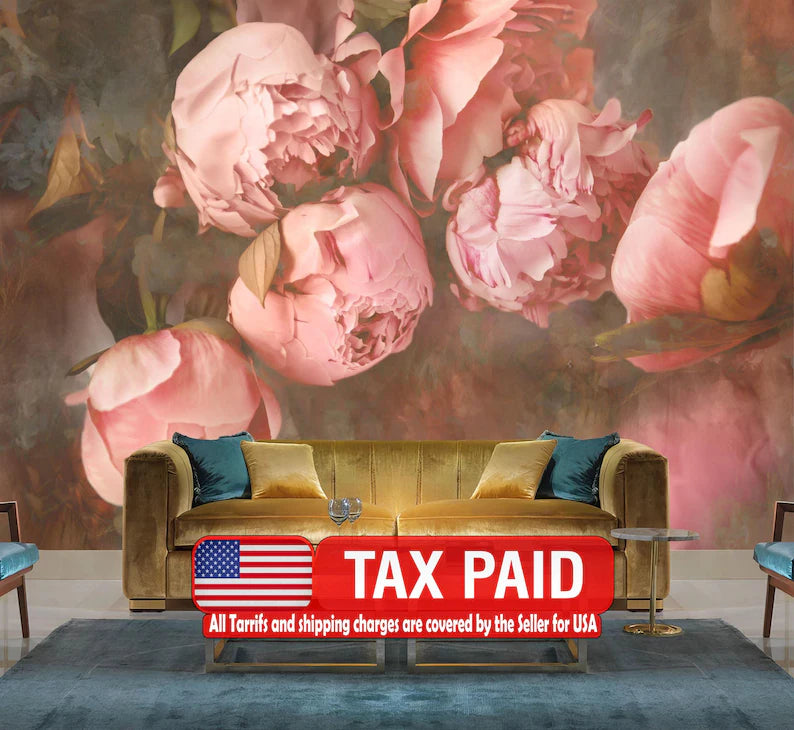 Baroque Peony Flower Wallpaper Mural, Rich Deep Colors