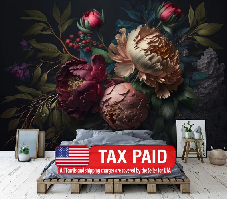 Baroque Peony Wallpaper Mural, Rich Deep Colors