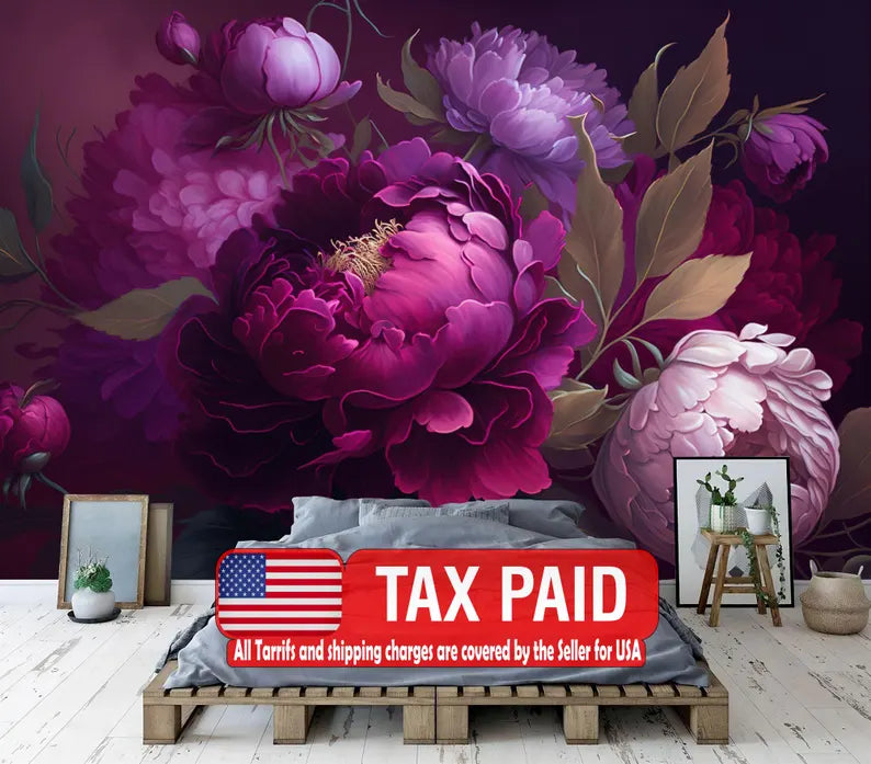 Baroque Peonies Wallpaper Mural, Rich Deep Colors