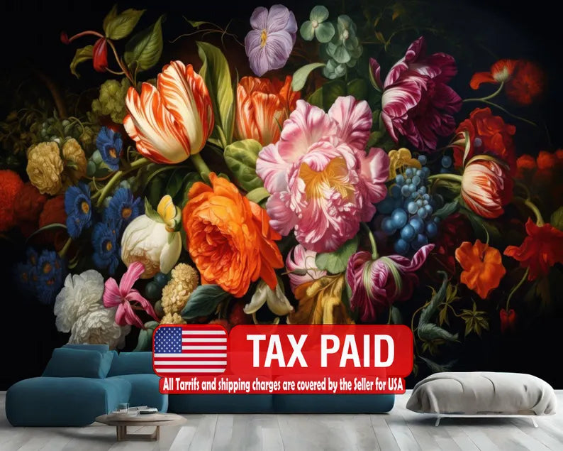 Baroque Peonies Wallpaper Mural, Rich Deep Colors, Art Print