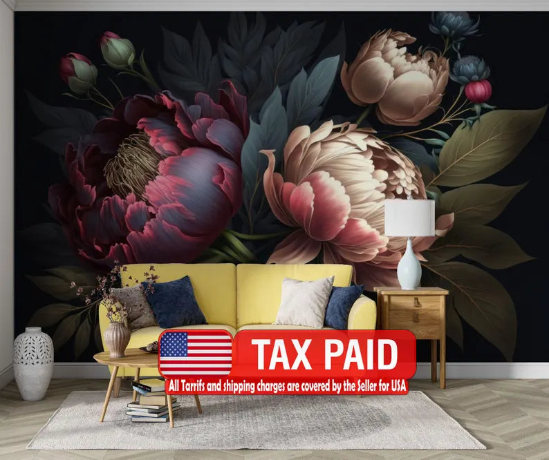 Baroque Peony Flower Wall Mural, Rich Colors