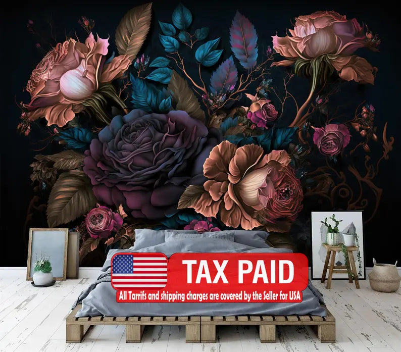Baroque Peony Wall Mural, Rich Deep Colors Gift