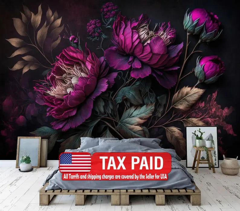 Peony Wallpaper Mural, Baroque Floral Wall Decal, Rich Deep Colors