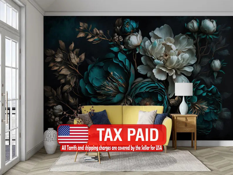 Baroque Peony Flower Wall Mural, Rich Colors