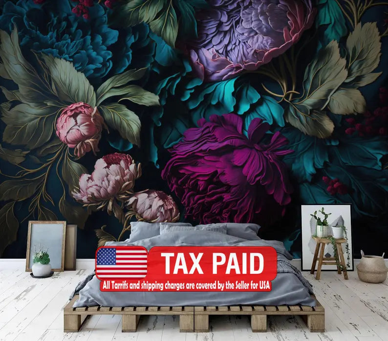 Baroque Floral Wall Mural, Rich Deep Colors, Peonies