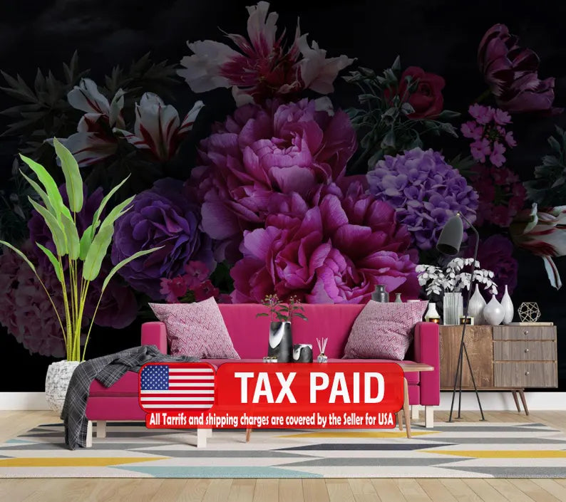 Baroque Peony Flower Wall Mural, Rich Deep Colors