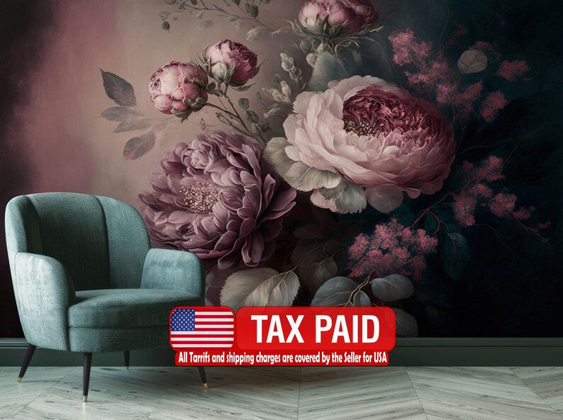 Baroque Peonies Wallpaper Mural, Rich Deep Colors