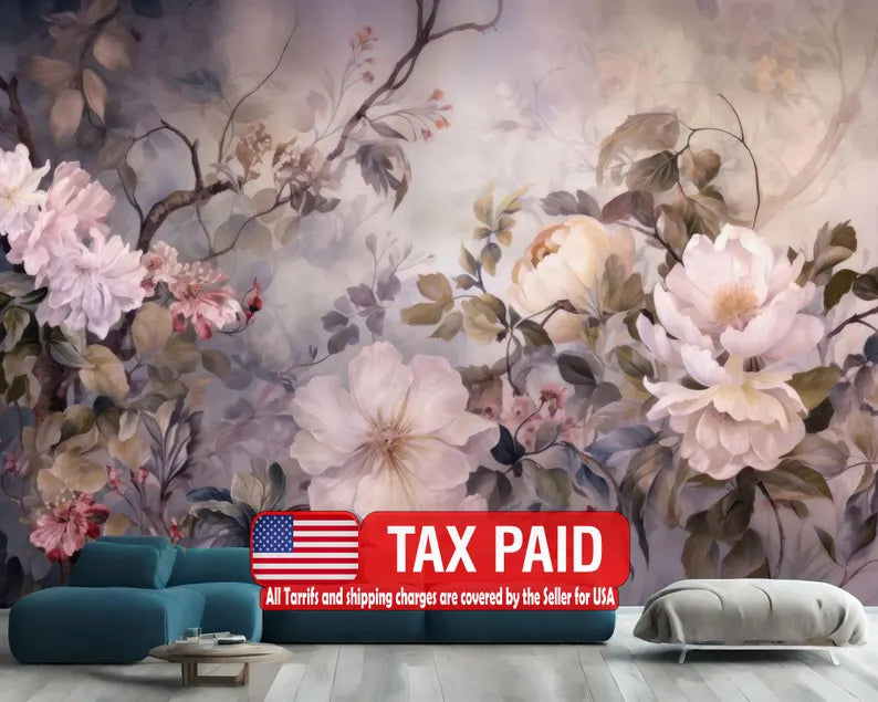 Baroque Peony Flowers Wallpaper Mural, Rich Deep Colors