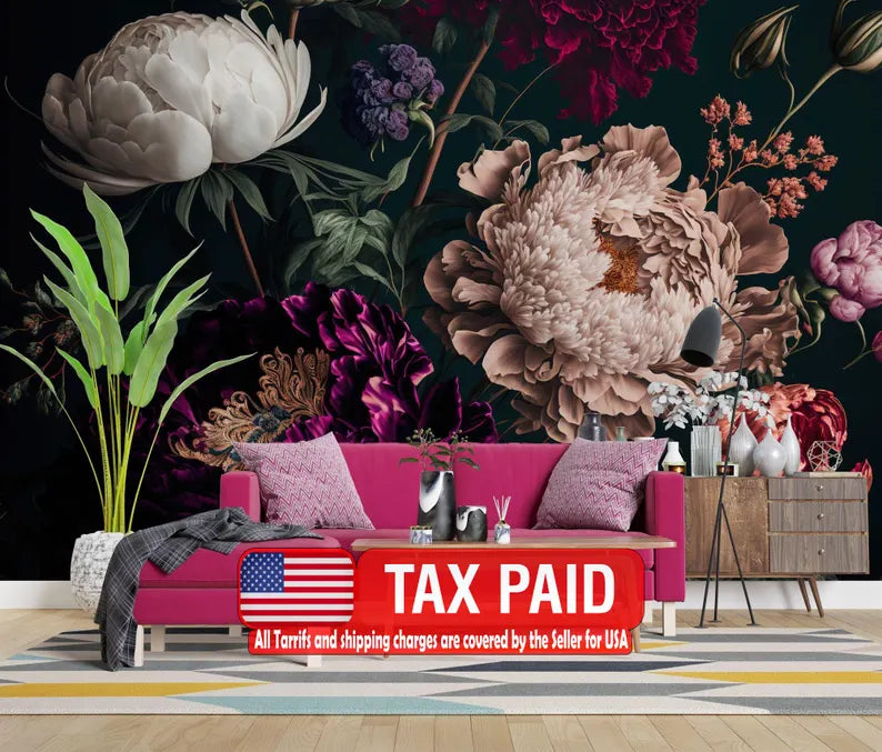 Baroque Peonies Wallpaper Mural, Rich Deep Colors