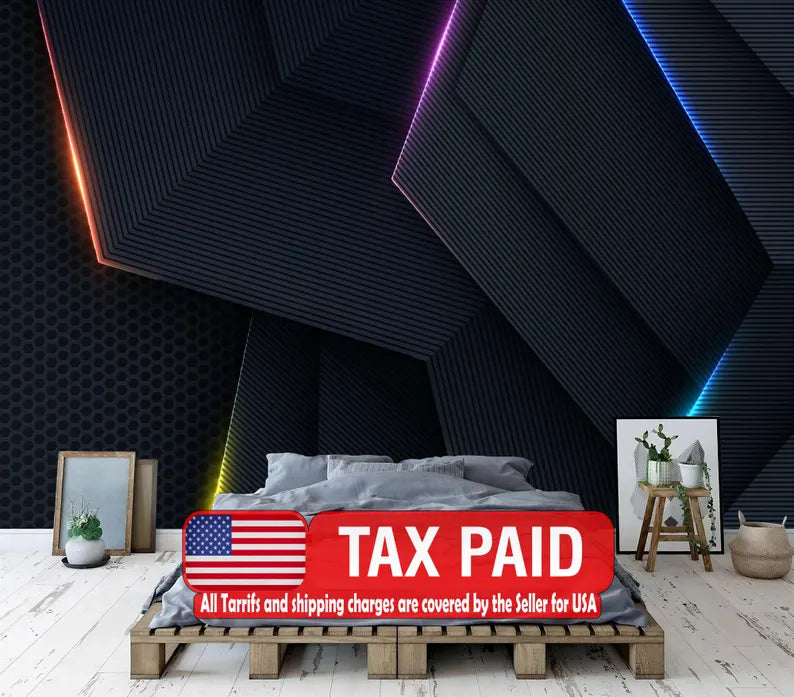 Neon Light Gaming Room Wallpaper Mural, Black Textured