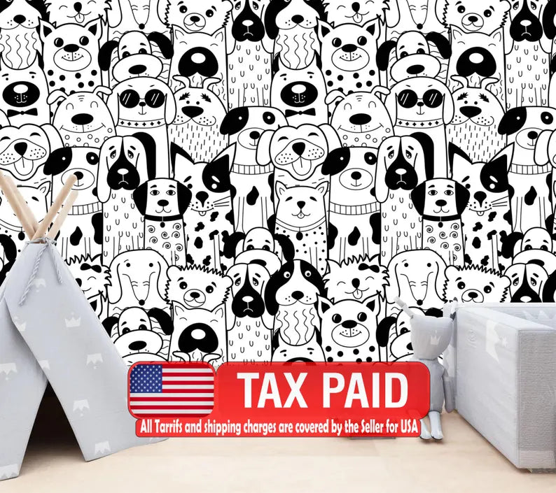 Doodle Dogs Wallpaper Mural, Black and White Art Print