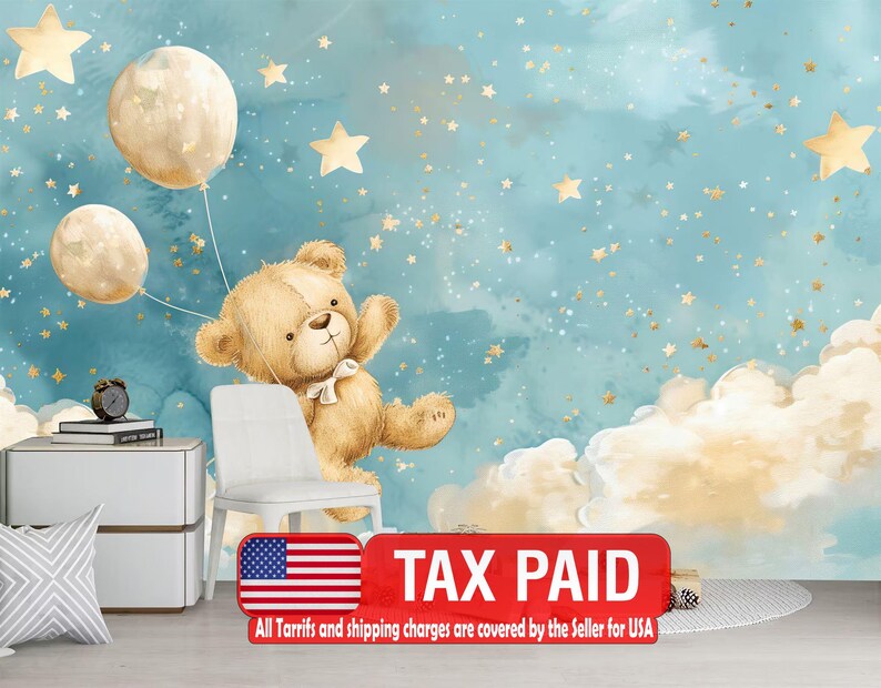 Blue Clouds, Stars, Bear, Balloons Nursery Mural