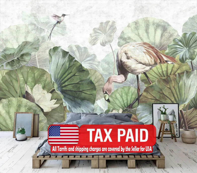Botanical Flamingo Wallpaper Mural – Lotus Flowers