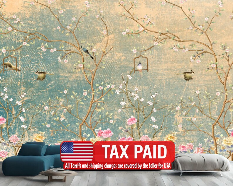 Vintage Floral Bird Wallpaper Mural, Pastel Colors