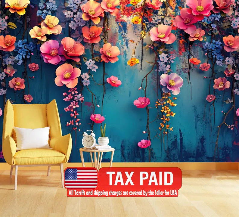 Floral hanging branches wall mural with delicate pink and white blossoms on beige background