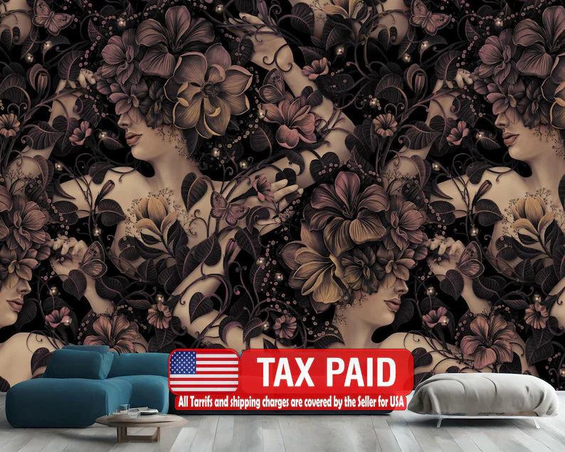 Vintage Floral Women Wallpaper Mural, Fireflies, Ivy