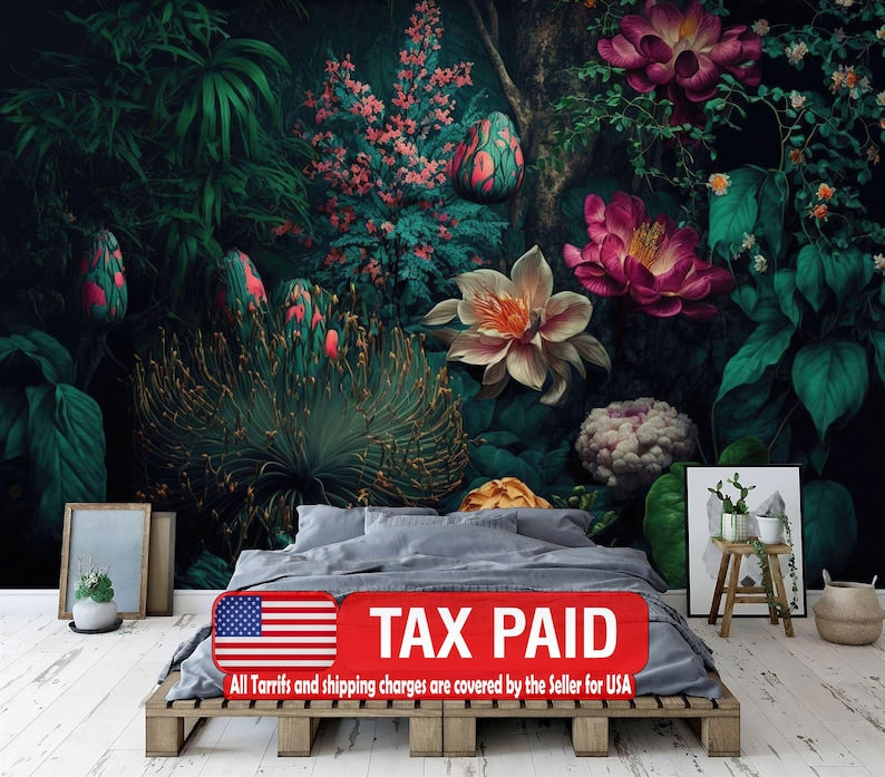 Dark Baroque Botanical Mural, Vintage Jungle Wallpaper