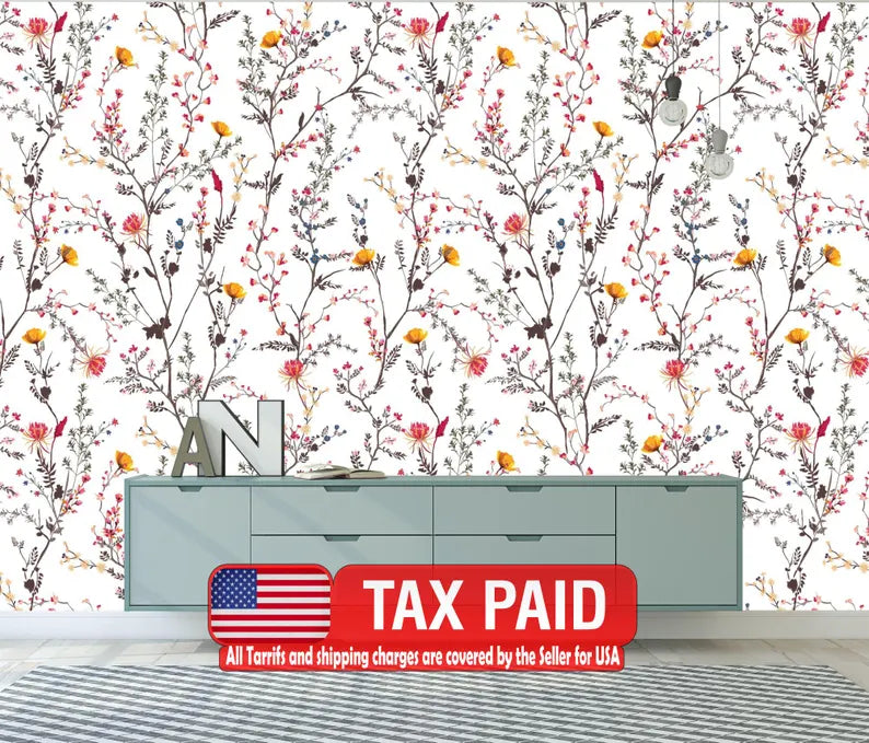 Cute flowers pattern nursery wallpaper with colorful floral design for children's room decor