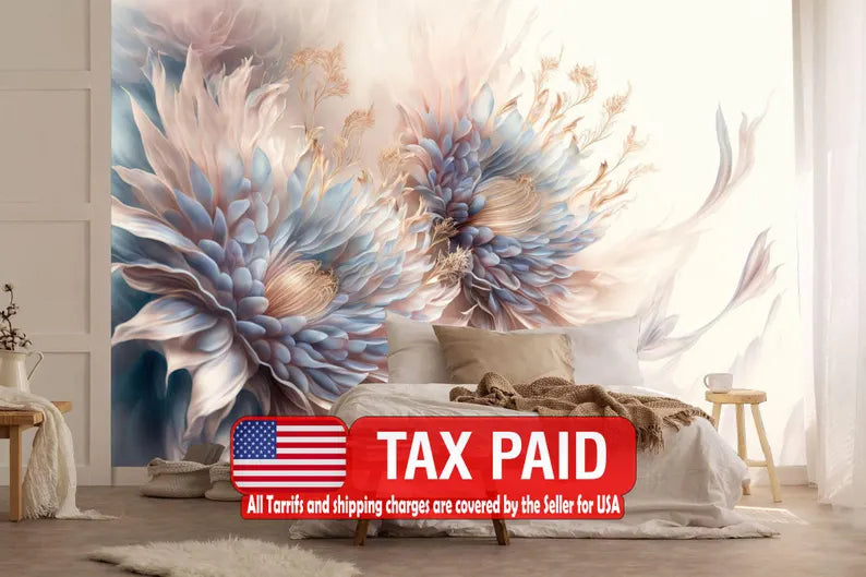 Floral art print wallpaper mural with pastel pink and blue flowers on white background