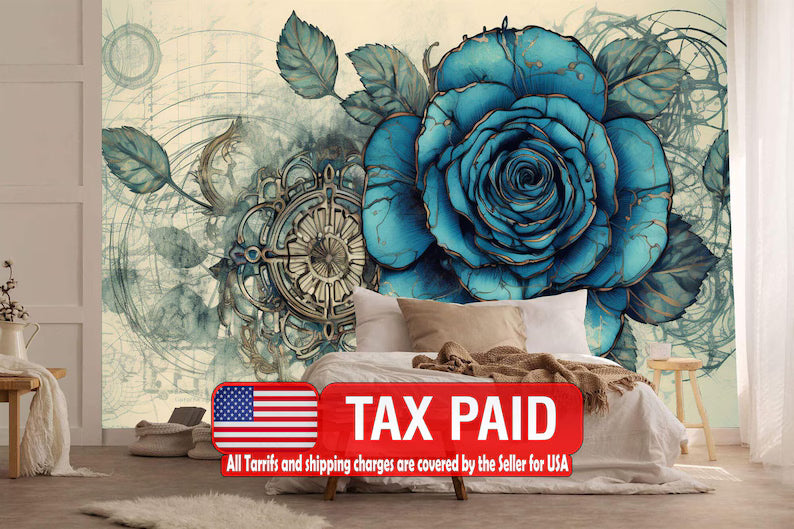 Blue Rose Steampunk Wallpaper Mural